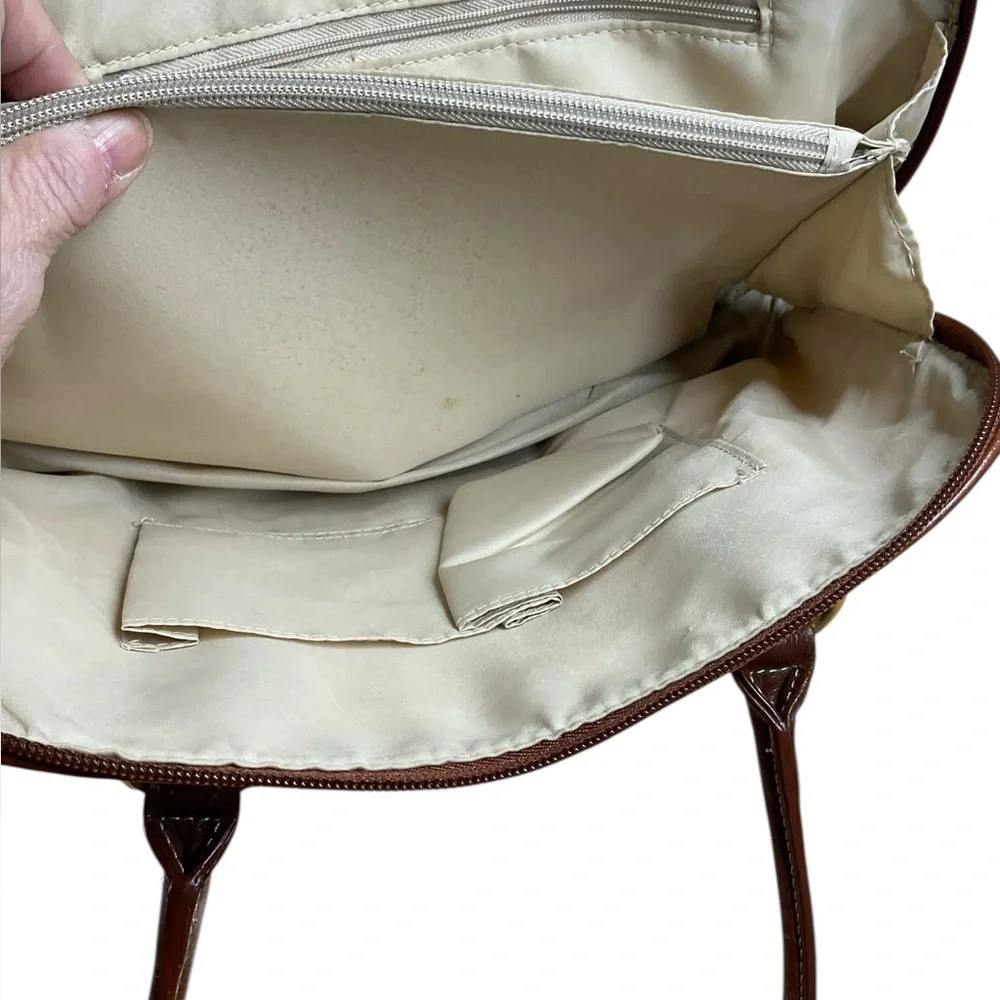 Giani Bernini Off-White Straw Top Handle Brown Leather Accent Satchel Purse Bag